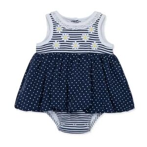 NWT Little Me Navy and White Sunsuit with Daisy Charm ~3-6M